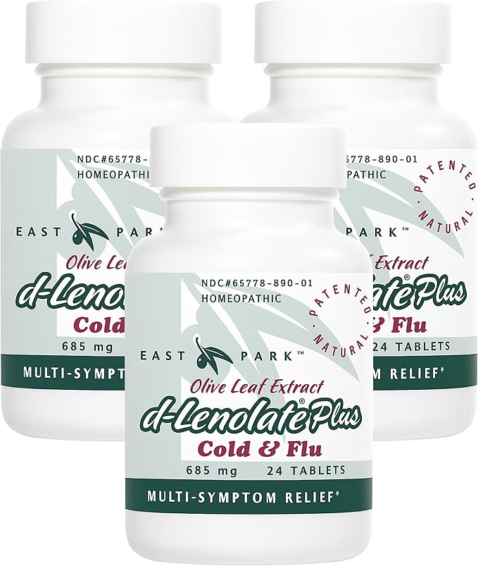 EAST PARK d-Lenolate Plus Cold & Flu Homeopathic Remedy for Adults & Kids | Immune System Booster with Olive Leaf Extract, Neem Leaf Extract & Echinacea | 625mg, 24 Tablets | Non-GMO (Pack of 3)