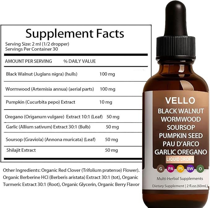 VELLO Black Walnut Wormwood | Soursop, Pumpkin Seed, PAU D'arco, Garlic Oregano | -2 Oz/60ml (1)