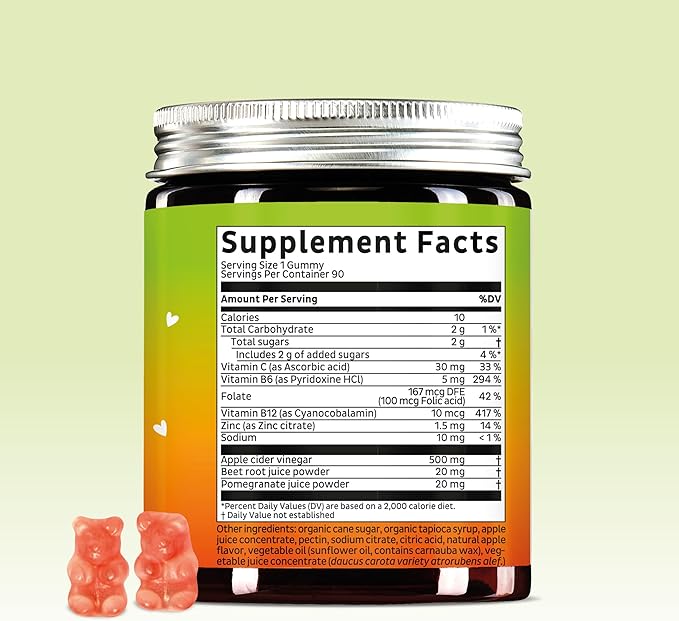 Bears with Benefits Apple Cider Vinegar Gummies – Metabolism & Detox Support with Vitamins B6, B12, Iodine & Folic Acid – Vegan. Balanced Gut (90 Gummies)