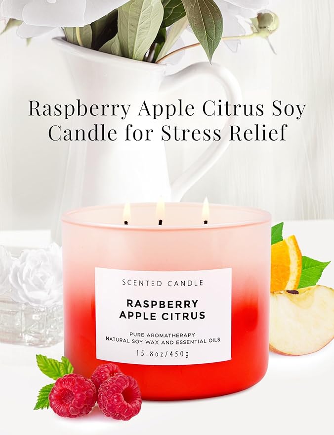 Large 3 Wick Soy Candle 15.8 oz - Raspberry Apple Citrus Scented Candle with Cranberry & Warm Cinnamon - Clean Burn, Long Lasting - Aromatherapy Candle for Relaxation & Stress Relief