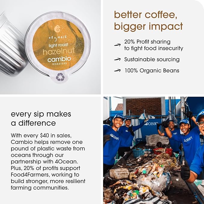 Cambio Roasters Organic Hazelnut Coffee Keurig KCups, Only Aluminum K Cup for Better & Longer Lasting Flavor, Nutty and Slightly Sweet Light Roast Kcup Keurig Coffee Pods, Lower Acid Kcups, 10 count