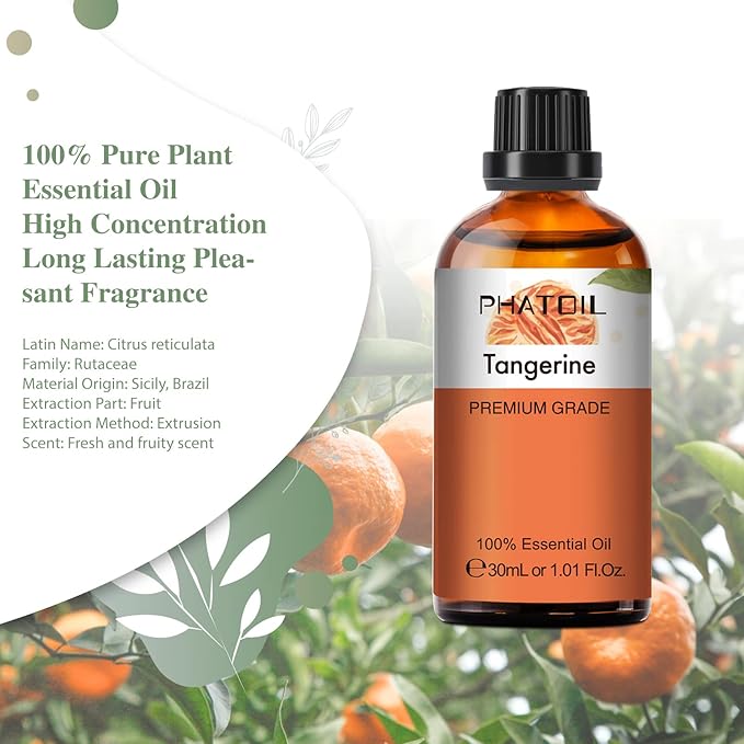 Tangerine 1.01fl.oz Essential Oil, PHATOIL Pure Aromatherapy Oils for Diffuser, Humidifier, Perfect for DIY Soap, Candle, Bath Bombs Making(30ml)