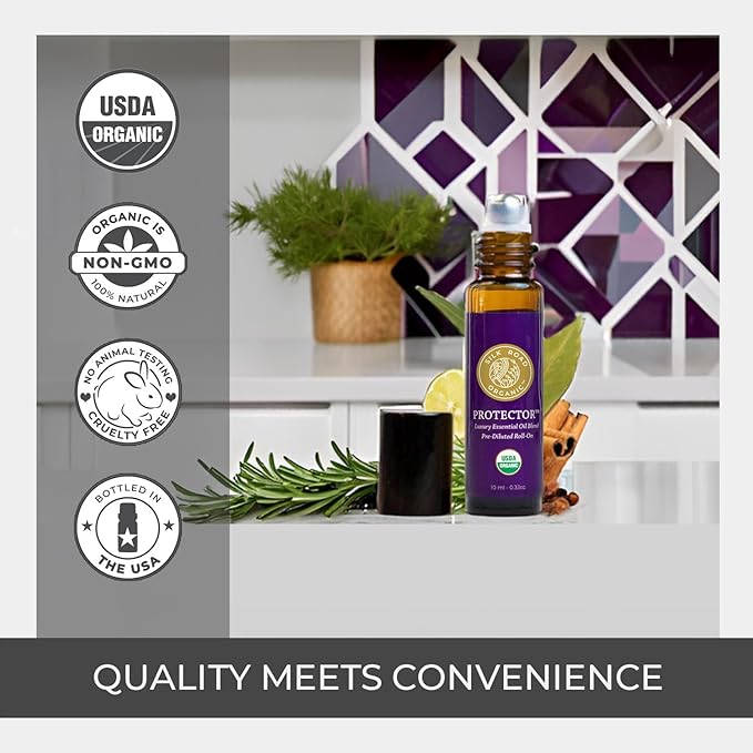 Silk Road Organic Protector Essential Oil Immunity Blend Roll On, Purifying Thieves Oil Formula, 100% Pure USDA Certified Clove Bud, Cinnamon Bark, Rosemary, Lemon, Eucalyptus - 10 ml Roller