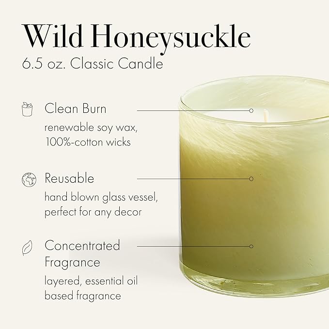 LAFCO New York Classic Candle, Wild Honeysuckle - 6.5 oz - 50-Hour Burn Time - Reusable, Hand Blown Glass Vessel - Made in The USA