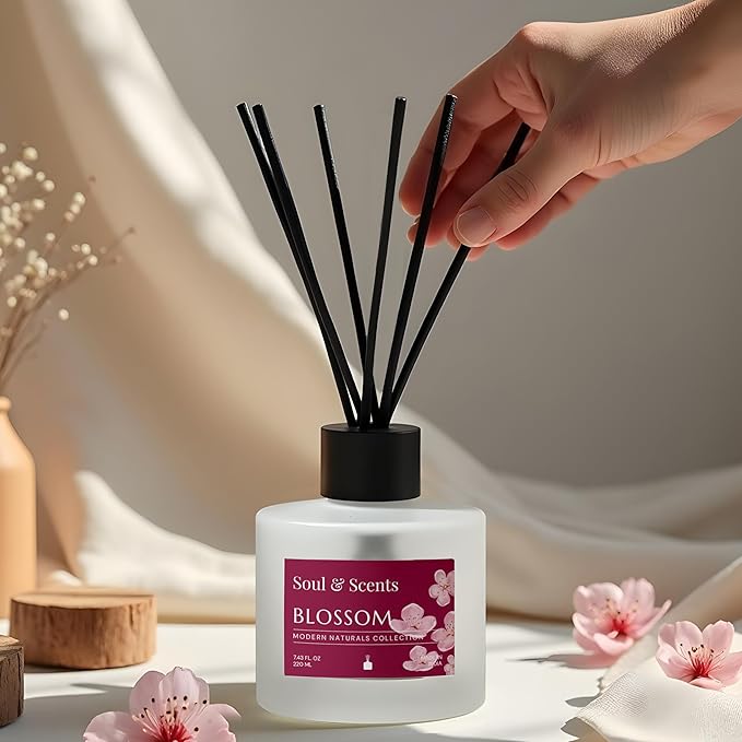 Soul & Scents Reed Diffuser Set – Blossom | 7.43 oz Refillable Scented Oil with 6 Fiber Sticks | Long-Lasting Home Fragrance & Air Freshener for Bedroom, Bathroom, Office | Gift & Décor Piece