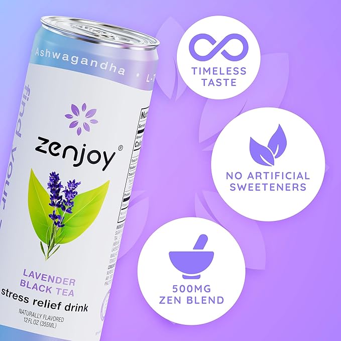 Zenjoy Stress Relief Drink, Calming Black Tea, Non Alcoholic, Ashwagandha & Lemon Balm for Stress Relief, L - Theanine for Focus (12 Pack) (Lavender)