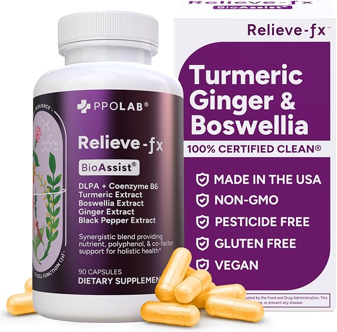 PPO Lab Relieve-fx™ DLPA Boswellia Turmeric Ginger Supplement - Curcumin, Boswellic Acid, Black Pepper - Capsules for Stress Relief, Heart, Digestion, Muscle Cramp, Joint, Healthy Inflammation - 90ct