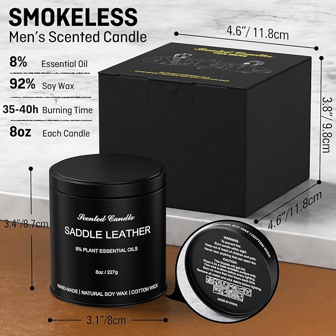 Men Scented Candle | Matte Tin Jar Aromatherapy Candle for Men | 1 Pack(8oz) Soy Wax Candles for Home,Office | Saddle Leather Fragrance Manly Gift for Boyfriend,Fathers Day and Christmas
