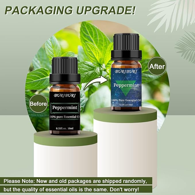 BURIBURI Peppermint Essential Oil 100% Pure, Undiluted, Natural, Organic Aromatherapy Mint Essential Oils 10ML for Diffuser, Soap Candle Making