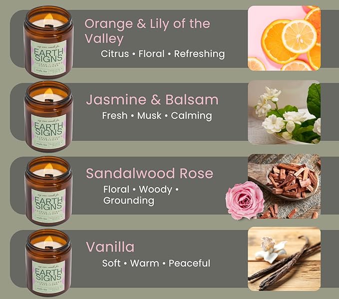 Taurus, Virgo, Capricorn Gifts for Women - Wood Wick Candles, 4 Pack Small Scented Candles Set for Women. 6oz Natural Soy Wax, Aromatherapy Set for Home. Zodiac Astrology Birthday Spiritual Gifts