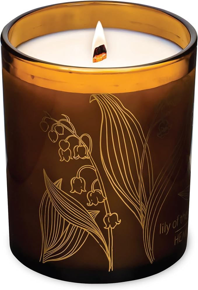 Hemlock Park Amber Gold Leaf Glass Wood Wick Candle Handcrafted with Natural Coconut Wax (Standard 7.2 oz, Lily of The Valley)