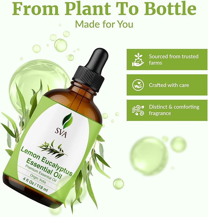 SVA Lemon Eucalyptus Essential Oil – 4 Fl Oz – 100% Natural Citriodora Oil - for Diffuser, Hair Care, Face, Skin Care, Aromatherapy, Scalp and Body Massage, Soap and Candle Making – with Dropper