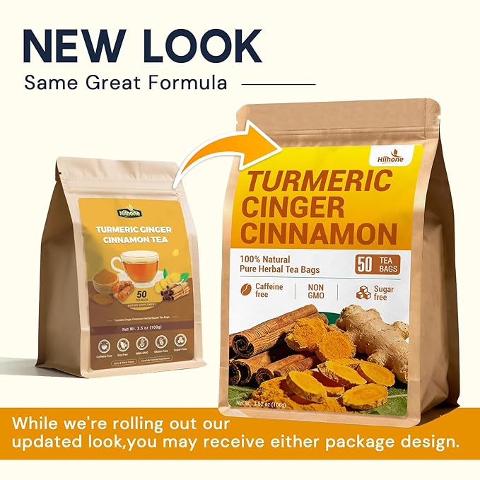 Turmeric Ginger Cinnamon Tea Bags, Turmeric Ginger Herbal Tea, No Sugar, No Caffeine, 50 Teabags