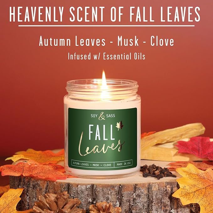 Fall Candles - 'Fall Leaves' Fall Candle w/Autumn Leaves, Clove & Musk I Infused with Essential Oils I Autumn Scented Candles I Cozy Cute Autmn Décor Gifts I 9oz Jar I 50Hr Burn I Made in USA