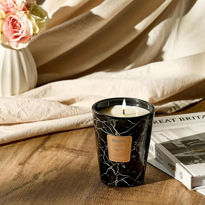 M&SENSE Leather Night Scented Soy Candle, 3 Wick Highly Scented 14.1 Oz 80H, Aromatherapy Christmas Gift for Women and Men