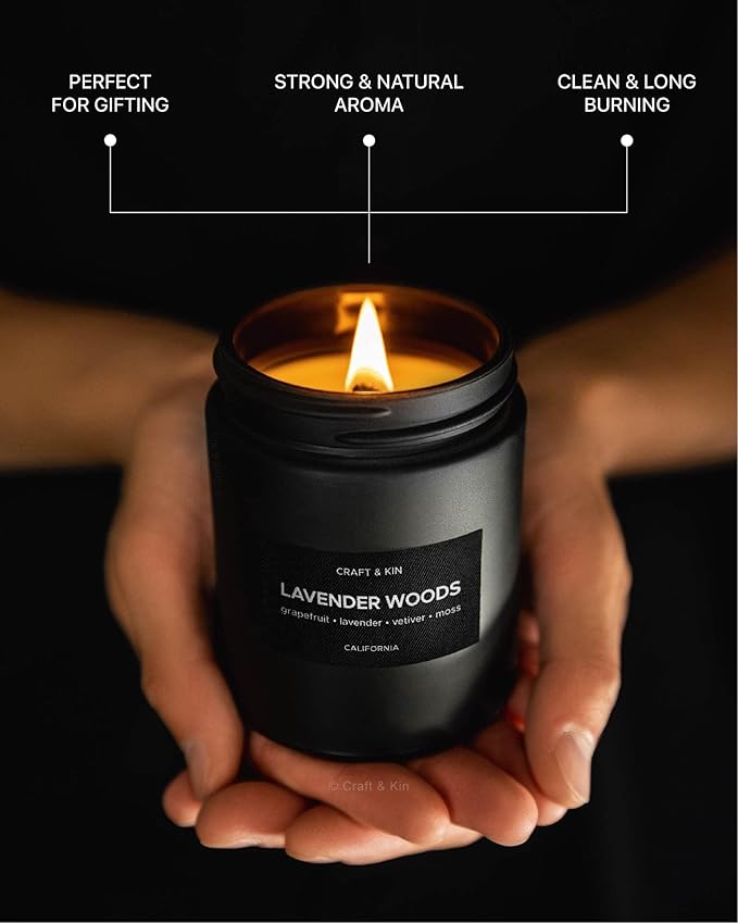 Craft & Kin Premium Lavender Woods Candle | Black Christmas Scented Candles for Men | Long Lasting with 45 Hour Burn Time, 7.6oz | Soy Holiday Candle | Aromatherapy at Home | Gifts for Men