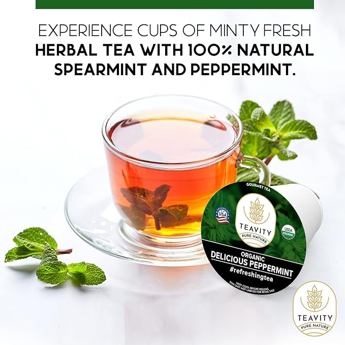 Organic Peppermint Tea Pods for Keurig - Decaf Tea - by Teavity (24 Tea Pods)