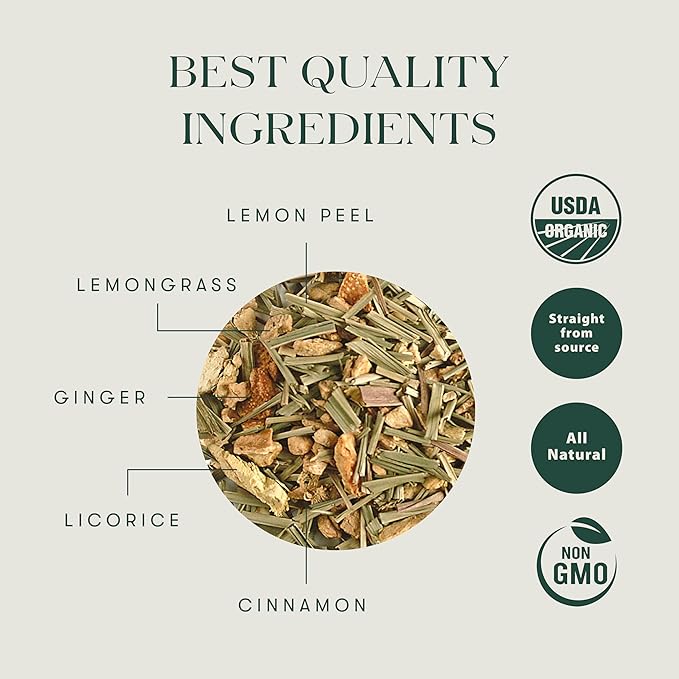 Luxmi Estates Organic Lemon Ginger Tea (50 Tea Bags), Lemon Peel, Ginger, Lemongrass and Licorice for sore throat, aids digestion, help with Nausea, and Uplifts Your Mood