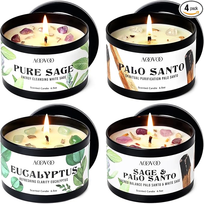 AOOVOO 4 Pack Sage Candles - Sage, Palo Santo, Sage & Palo Santo, Eucalyptus Mint Candle Set with Crystals & Decor, 26oz 200 Hours Long Lasting, Non Toxic Candles for Spiritual House Energy Cleansing