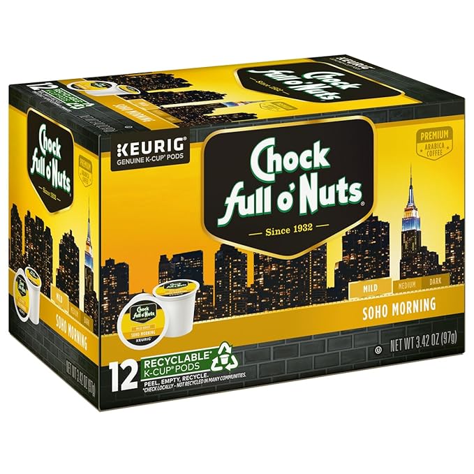 Chock Full o'Nuts Soho Morning Coffee, Mild Roast, Compatible with K-Cup Pods, 12 CT (Pack of 4)
