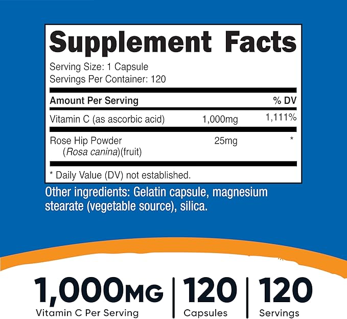Nutricost Vitamin C with Rose Hips 1025mg, 120 Capsules - Vitamin C 1000mg, Rose Hips 25mg, Premium, Non-GMO, Gluten Free Supplement
