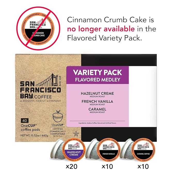 San Francisco Bay Compostable Coffee Pods - Variety Pack Flavored (40 Ct) K Cup Compatible including Keurig 2.0, Hazelnut, Cinnamon, Caramel, Vanilla Flavored Coffee