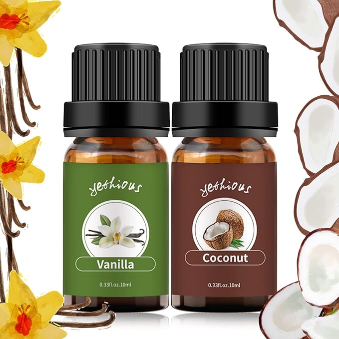 yethious Vanilla Coconut Essential Oil Set Coconut Oil Organic Vanilla Essential Oils for Soap Making, Diffuser, Skin Hair Care - 2 x 10ML