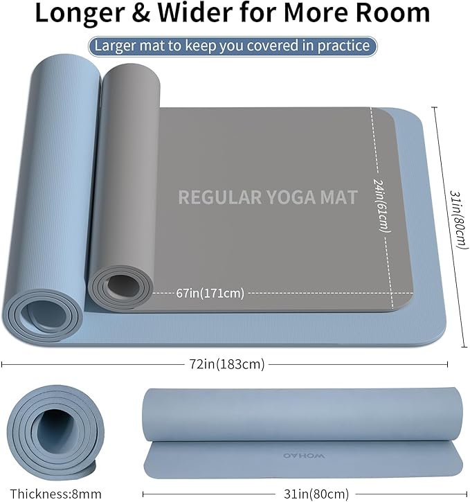 WOHAO Extra Wide & Thick 8mm Yoga Mat, 72"x31.5" Large Non Slip Exercise Mat, Premium POE Material for Superior Cushioning & Stability, with Strap for Home Gym, Pilates