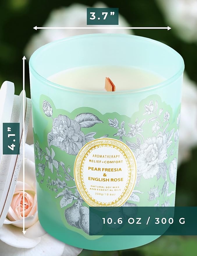Pear Freesia & English Rose Wood Wick Soy Scented Candle | Aromatherapy Stress Relief Candle for Home 10.6 oz | Long-Lasting Clean Burn | Gift for Women & Men