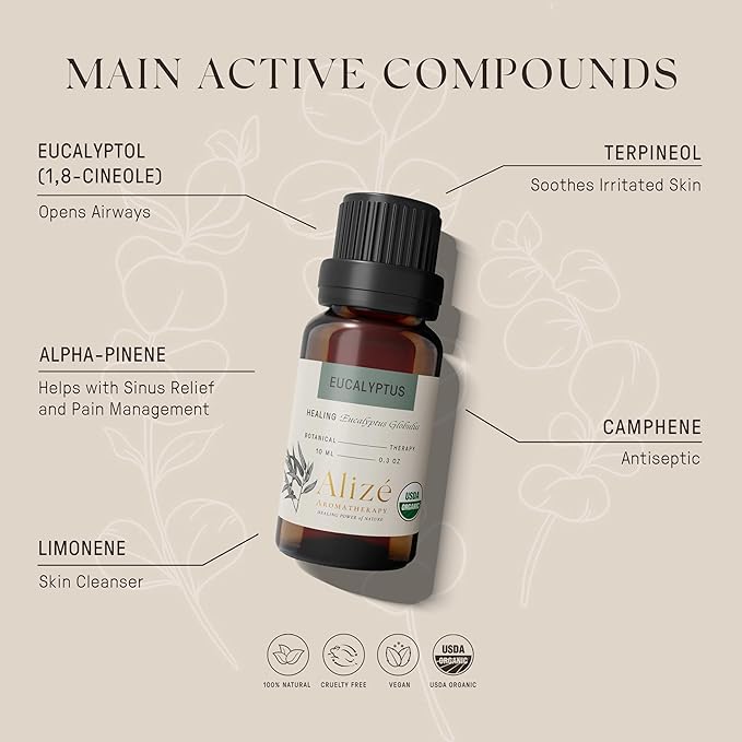 Eucalyptus Essential Oil, USDA Organic 100% Natural & Pure Essential Oils for Diffusers for Home, Aromatherapy Oils, Diffuser Oils Scents for Wellness, 10ml-0.33 fl oz