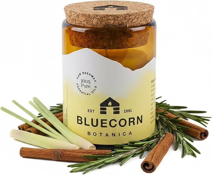 Bluecorn Beeswax Large 3-Wick Candle, 100% Pure Beeswax with Lemongrass, Cassia & Rosemary Essential Oils, Amber Glass, Soy Free Candle Wax, Long Lasting, Home Decor, American Made, 8 Oz, 1 Count