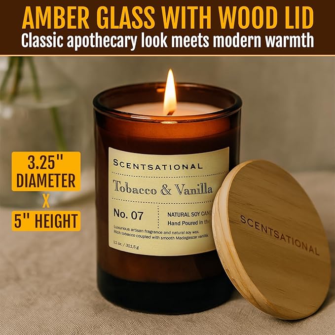 Scentsational Apothecary Tobacco & Vanilla Candle – 11 Oz Hand-Poured Soy Wax Jar Candle – Non-Toxic Luxury Candles for Home Décor & Relaxation – Warm Vanilla & Tobacco Scented Candles