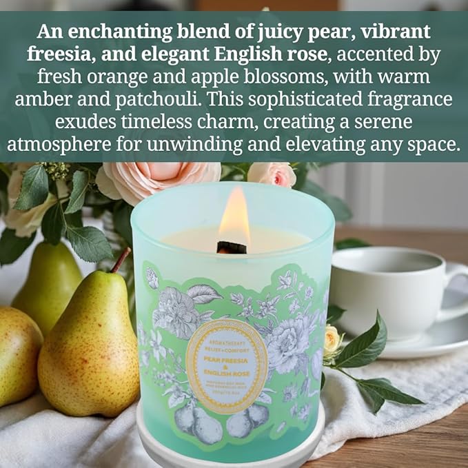 Pear Freesia & English Rose Wood Wick Soy Scented Candle | Aromatherapy Stress Relief Candle for Home 10.6 oz | Long-Lasting Clean Burn | Gift for Women & Men