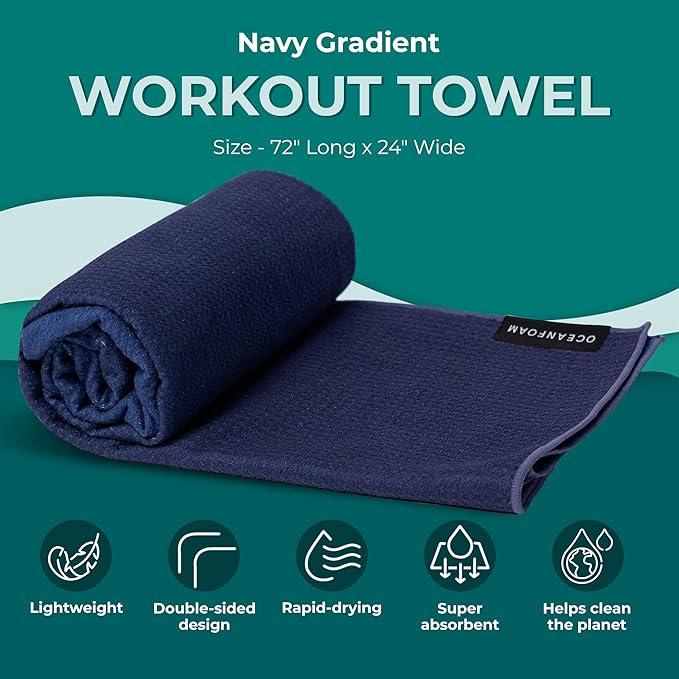 Oceanfoam Beach Towel – Lightweight, Absorbent, Quick-Drying, Sand-Resistant, Non-Slip – Ideal for Workouts, Yoga, Pilates, Beach, Pool, Boat & Travel – 25% Recycled – 72"x24" (Navy Gradient)