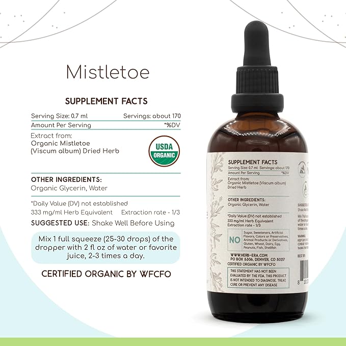HerbEra Mistletoe B120 USDA Organic Tincture | Alcohol-Free Extract, High-Potency Herbal Drops | Certified Organic Mistletoe (Viscum Album) Dried Herb (4 oz)