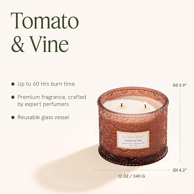 LA JOLIE MUSE Tomato & Vine Candle - Tomato Leaf, Rose, Moss | 12 oz Large 2-Wick Soy Wax Candle | 60 Hours Clean Burn | Fresh Garden Scented Candle | Gift-Ready for Hosts & Gatherings