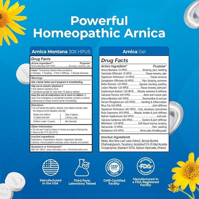 VitaMedica Arnica Montana Tablets & Arnica Gel Bundle – Support for Bruising, Swelling & Soreness, 150 Rapid-Dissolve Tablets + 3 oz Water-Based Gel