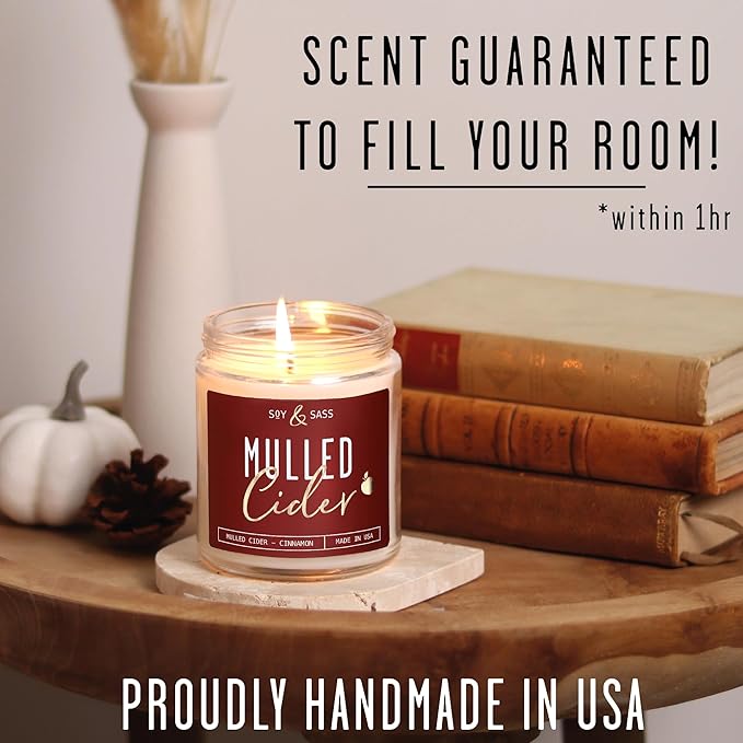 Mulled Cider Candle, Fall Candles I Apple Cider Candle w/Cinnamon & Nutmeg - Infused w/Essential Oils I Mulled Cider Fall Scented Candles (Soy) for Home I 9oz Reusable Jar I 50Hr Burn I Made in USA