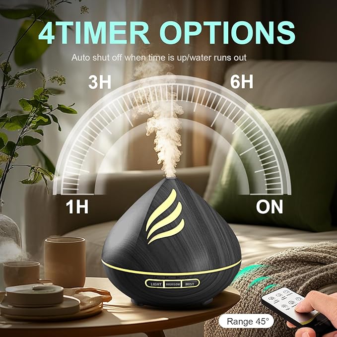 Essential Oil Scent Diffuser: 500ML Aroma Diffuser with Remote Control, Large Fragrance Aromatherapy Diffuser for Bedroom Home, Mist Humidifier with 14 Colors LED Lights and waterless Auto-Off, Black