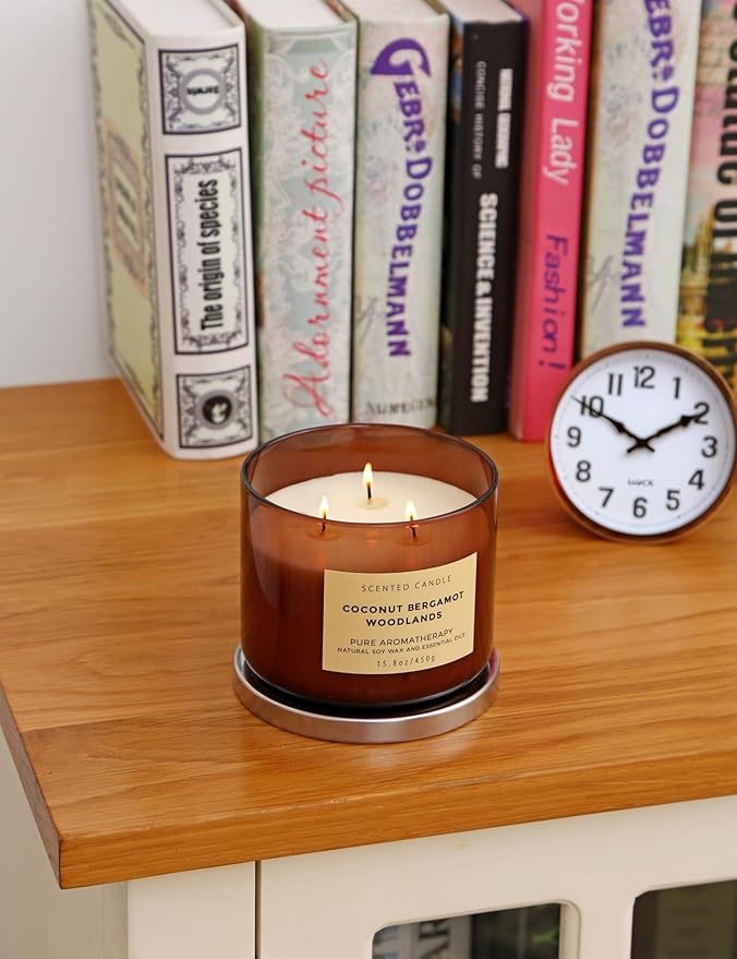 Coconut Bergamot Woodlands 3 Wick Soy Scented Candle 15.8 oz | Creamy Coconut & Balsam Woods Candle for Home | Aromatherapy Stress Relief Candle for Men & Women | Long Lasting 3 Wick Soy Candles