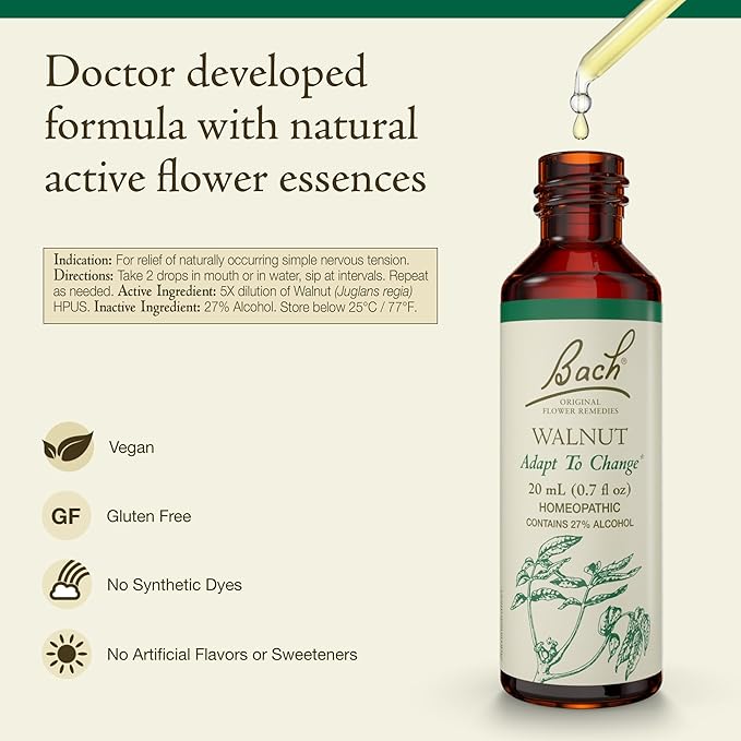 Bach Flower Remedies, Walnut - Adapt to Change - Natural Homeopathic Flower Essence for Emotional Balance - Vegan, Gluten Free, Sugar Free - 20mL Dropper