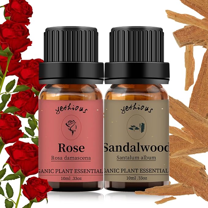 yethious Rose Sandalwood Essential Oil Set 100% Pure Aromatherapy Oils Kit Organic 2 Pack Perfume Oil Set