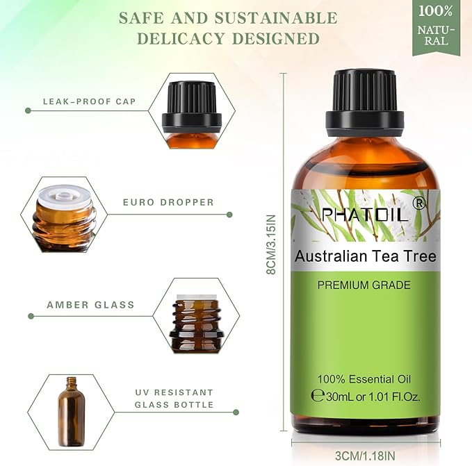 Australian Tea Tree 1.01fl.oz Essential Oil, PHATOIL Pure Aromatherapy Oils for Diffuser, Humidifier, Perfect for DIY Soap, Candle, Bath Bombs Making(30ml)