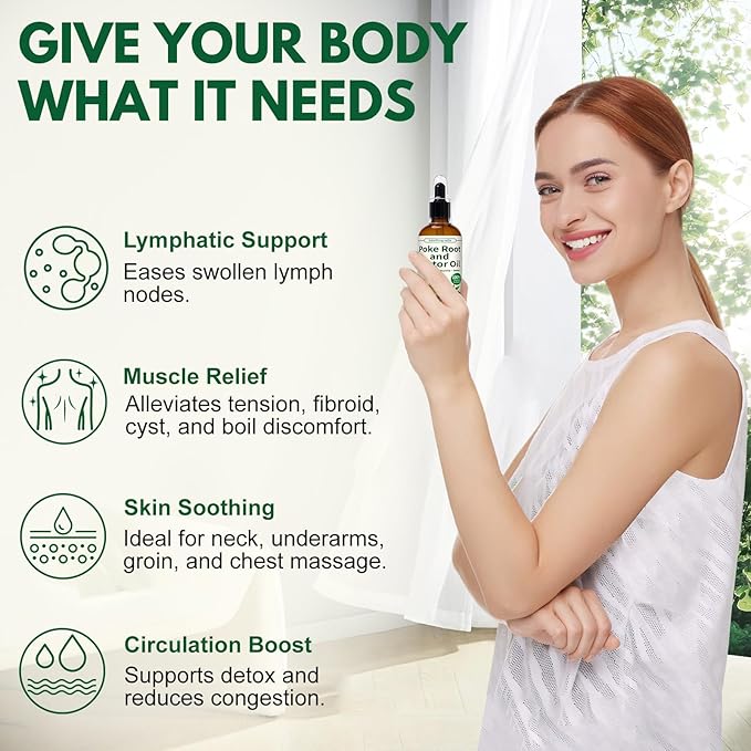 Poke Root and Castor Oil - 2 x 2 fl oz Poke Root Oil Organic with Vitamin E - Supports Swollen Lymph Nodes, Fibroids, Cysts, Boils, Breast and Joint Health