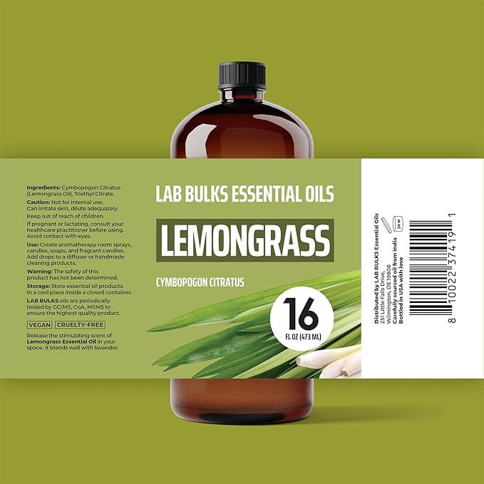Lab Bulks Lemongrass Essential Oil 16 fl oz (Pack of 1) for Diffusers, Home Care, Candles, Hair and Room Spray