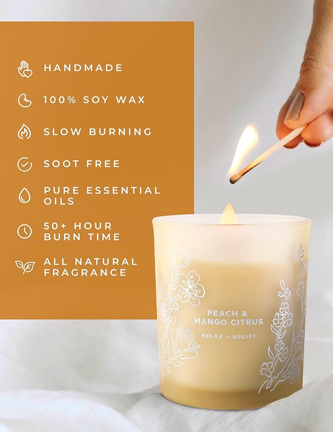 Peach Mango Citrus Scented Candle - Large Wood Wick Soy Candle 10.6 oz - Relaxing Aromatherapy Candle for Home - Highly Scented, Long-Lasting, Clean Burn, Strong Throw