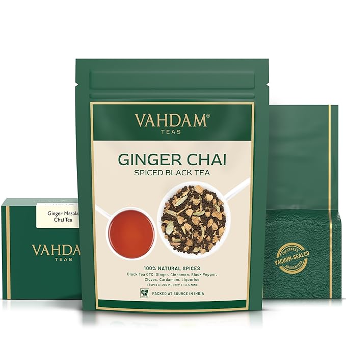 VAHDAM, Ginger Masala Chai Tea (50+ Cups,3.53oz) Authentic Indian Ginger Tea | Spiced Chai Tea Loose Leaf | Brew Hot, Iced Or Chai Latte | Vacuum Sealed Pack