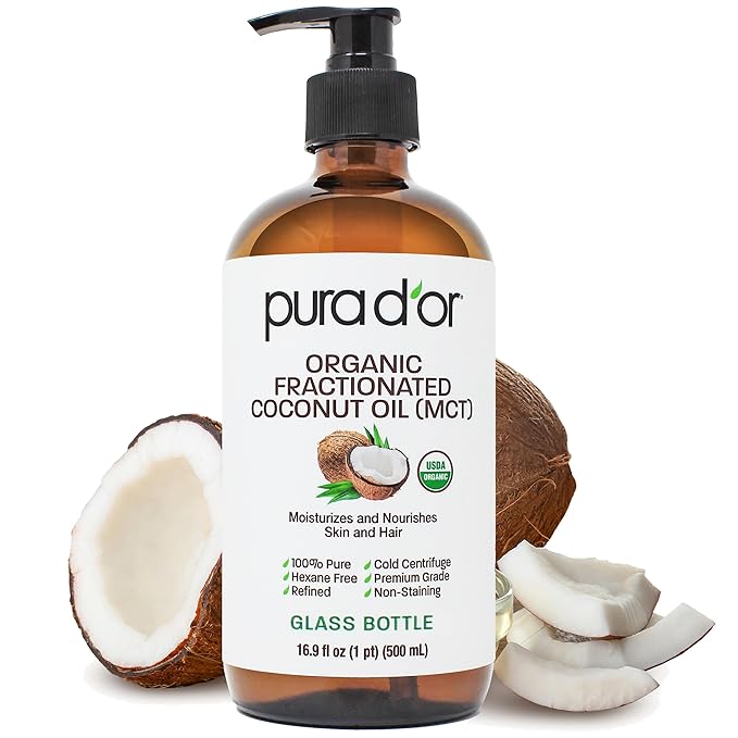 PURA D'OR 16.9 Oz ORGANIC Fractionated Coconut Oil (GLASS BOTTLE) USDA Certified MCT Oil – Therapeutic, Lightweight Moisturizer – Hexane Free Carrier Oil For Essential Oils, Massage – Face, Hair, Body