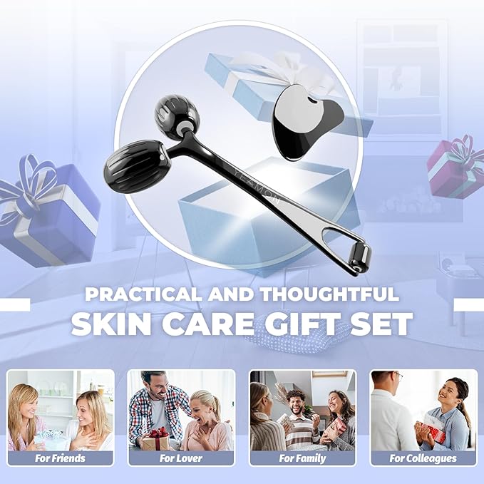 Yeamon Gua Sha Facial Tools and Face Roller Set, Facial Massage Tool for Women’s Skincare Routine,Cooling Stainless Steel Face Sculpting Eyes Roller Guasha for Daily Use or Self-Care Gift for Women