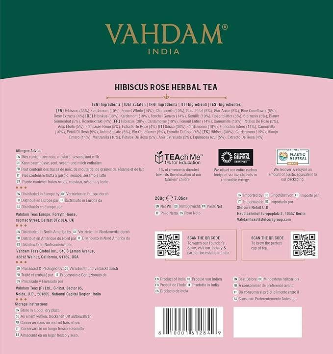 VAHDAM, Hibiscus Rose Tea Bags - 100% Whole Hibiscus Flowers Herbal Tea Bags (100 Count) With Rose, Chamomile & Exotic Spices | Caffeine Free, Floral Flavor Tisane | Resealable Ziplock Pouch